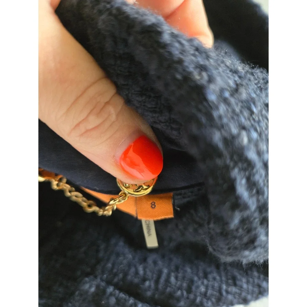 Tory Burch Navy Blue Tweed Lace Trim Jacket Gold Buttons 8  Womens Boucle Blazer - Picture 6 of 13